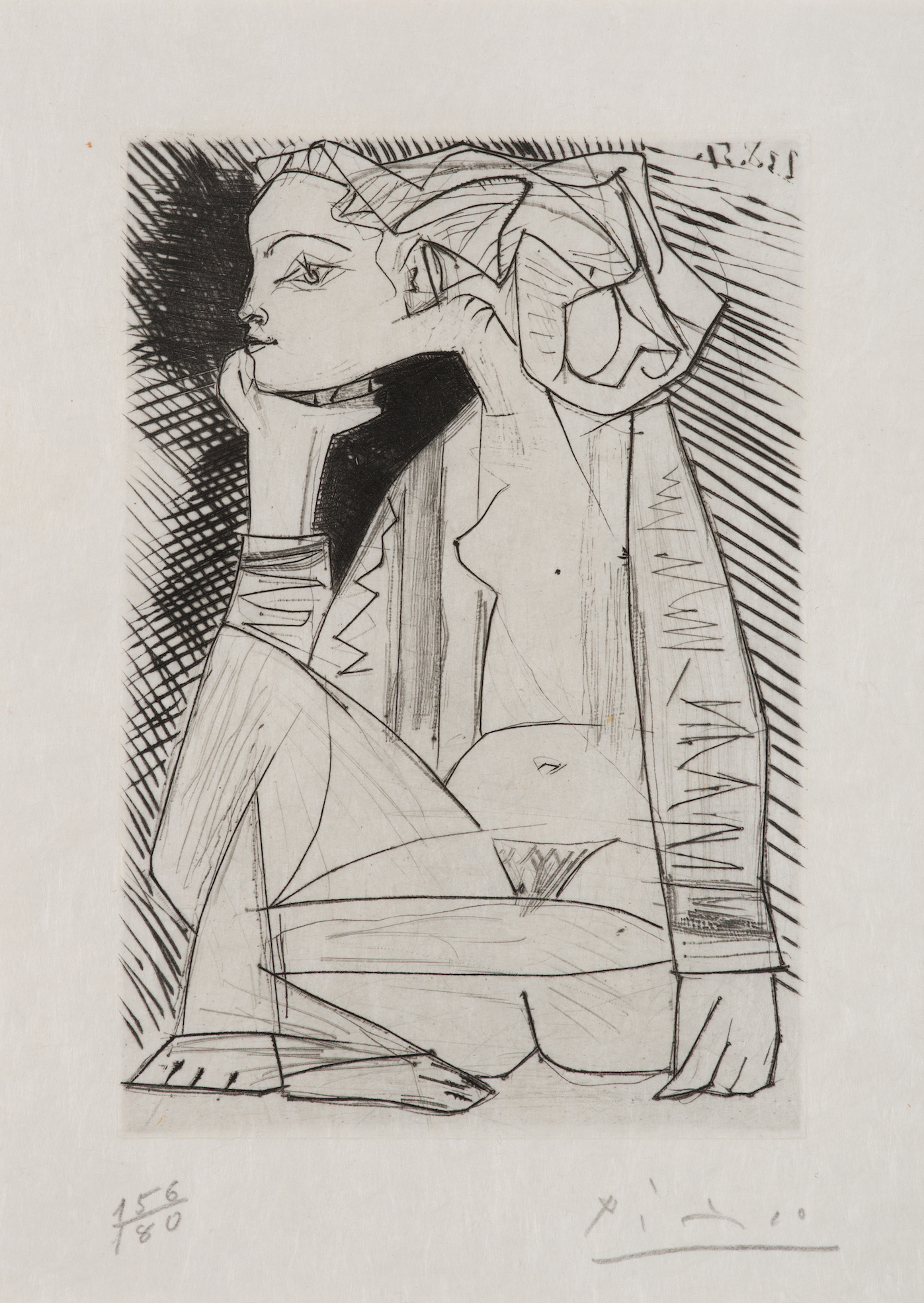 Pablo Picasso (1881-1973), Femme assise en tailleur : Geneviève Laporte, 1951, gravure et pointe sèche sur papier Japon nacre, image : 14,4 x 10 cm, feuille : 30,8 x 23,2 cm