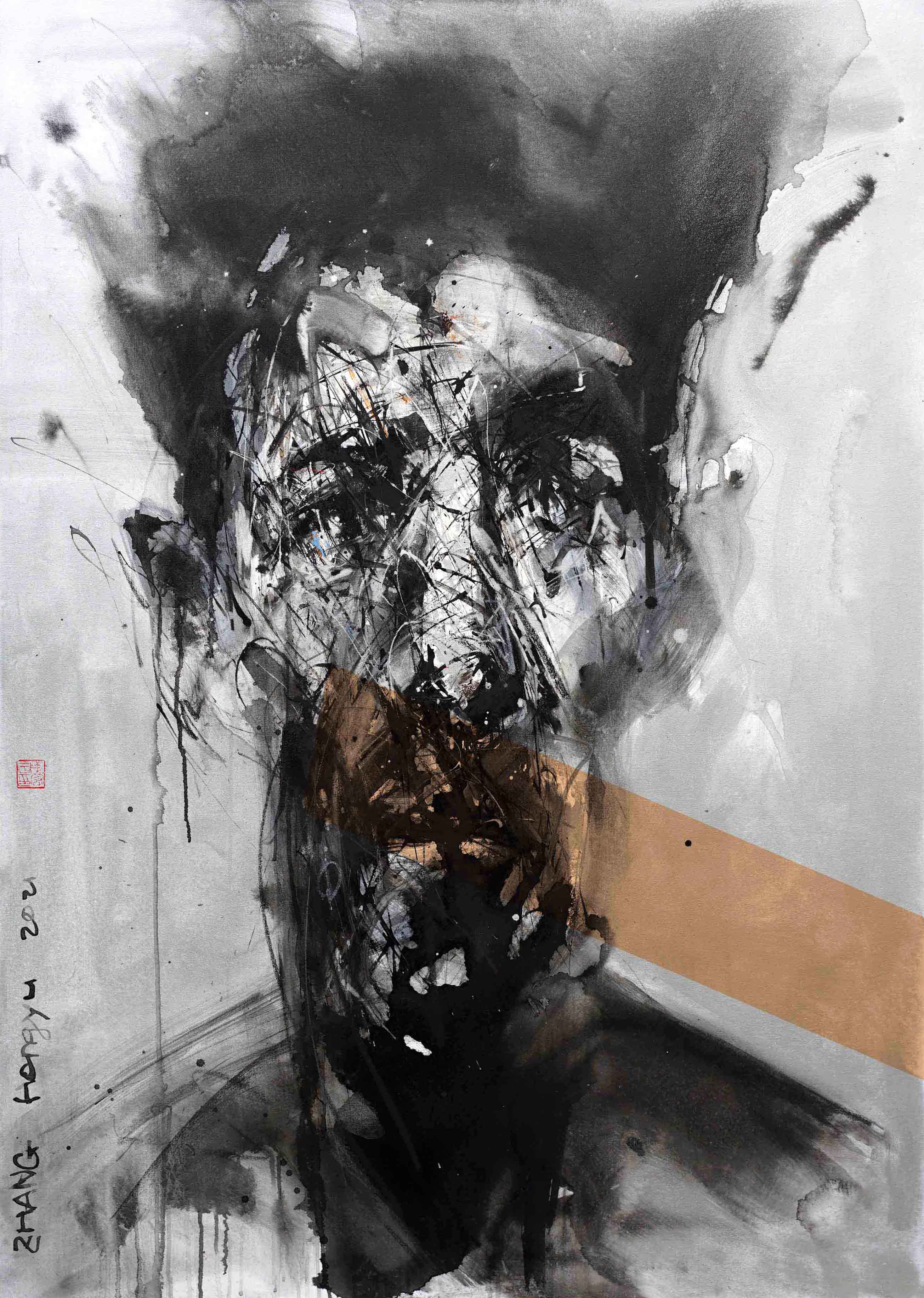 No.201 dans la série « Paysage Humain » Encre de Chine, acrylique, fusain et pastel sur toile, 140X100 cm,2021