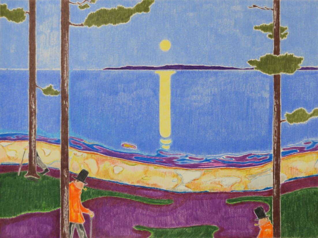 José Cori, Apparitions on a Munch Painting, 2022, crayons de couleur sur papier, 61 x 45,5 cm.