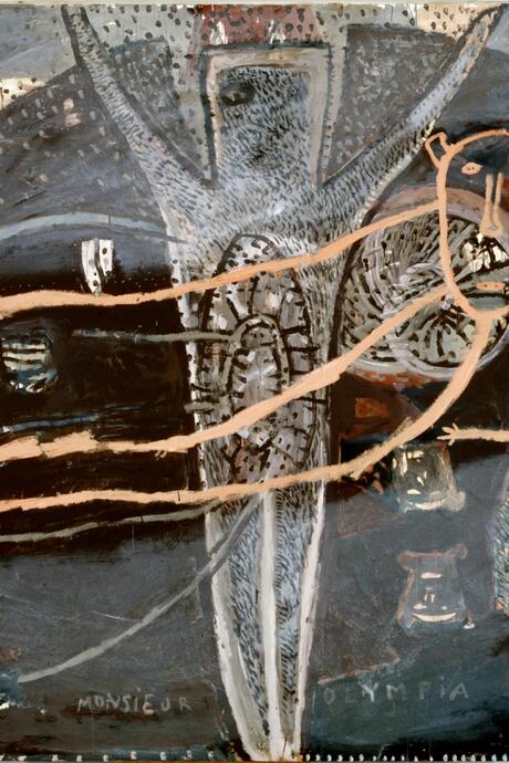 Hélène Delprat, Monsieur Olympia, 1988. Acrylique et pigments sur toile, 200 x 180 cm. Courtesy Galerie Maeght © Hélène Delprat, Adagp, Paris, 2024 © Photos : Galerie Maeght