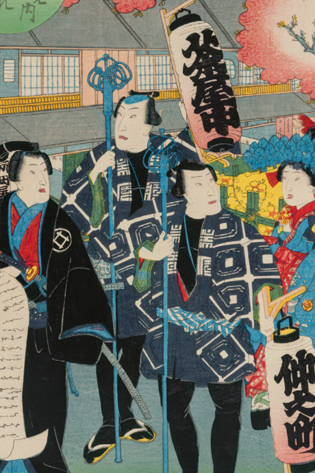 Utagawa Kunisada II (1786–1865), Un éventail de beautés sous les cerisiers en fleurs, 1857, gravure sur bois sur papier japon vergé, 366 × 254 mm