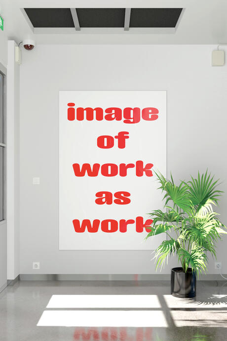 image de la maba retravailler par l'artiste Christophe Gaudard. Cette image montre un des couloir de la MABA modifier. L'artiste a rendu les murs d'un blanc presque eclatant. Il y a egalement agouter une plante et une affiche blanche avec ecrit en rouge " images of work as work". 