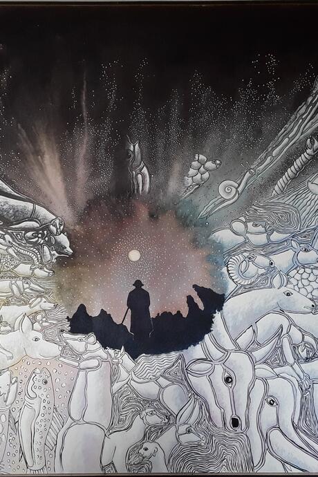 Là bas, œuvre provenant de la partie Espéranto de l'exposition : l'espéranto est une langue universelle conçue pour unir les peuples. Ce mot incarne aussi l'espoir et l'espérance. De la même manière, la peinture est une langue universelle où chacun puise, à partir de sa propre culture, les clés nécessaires à la compréhension de ce que perçoivent les yeux. La peinture s'adresse à tous, sauf aux aveugles, tandis que le langage parlé peut décrire et expliciter ce que l'œil ne peut voir. 