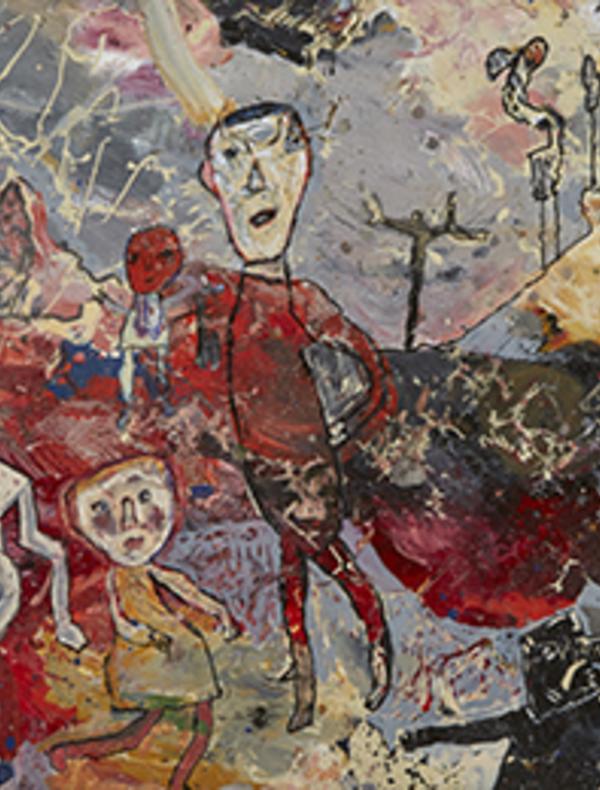 Paysage habité au bonhomme accordéon acrylique "peau de palette" 