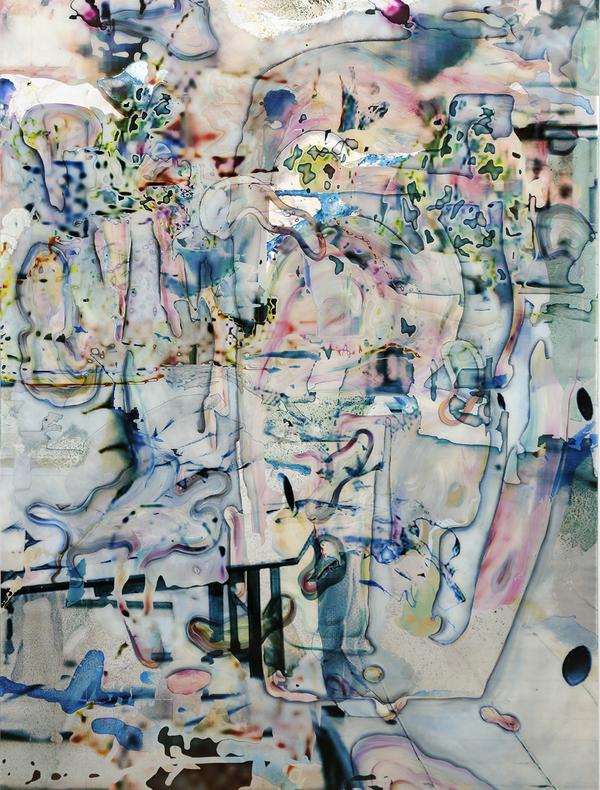 Mikaël MONCHICOURT, Système #2, 2022 Encre, peinture à l’huile, Rhodoïd imprimé et résine sur aluminium, 200 × 142 cm)