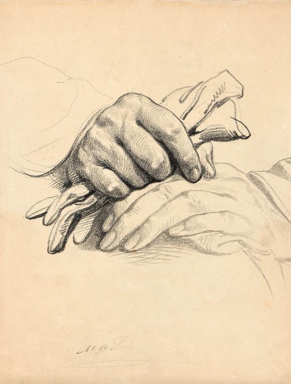 Eugène Devéria (1805-1865), Étude de mains au gant, vers 1835, pierre noire sur papier. © Musée Jenisch Vevey. Photo : Galerie Chaptal.