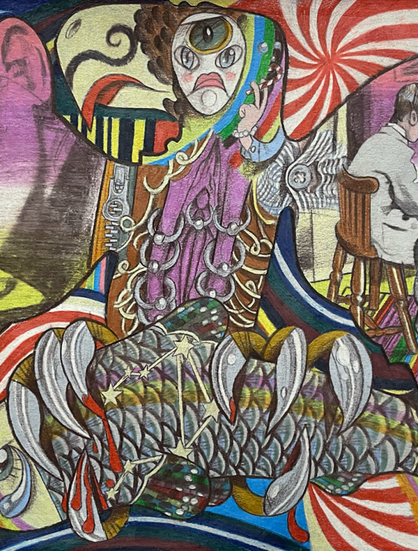 Francisce G Pinzón Samper, My wings hang off a zipper and a button, 2024, crayons de couleur sur papier, 21 x 29 cm Courtesy Galerie John Ferrère