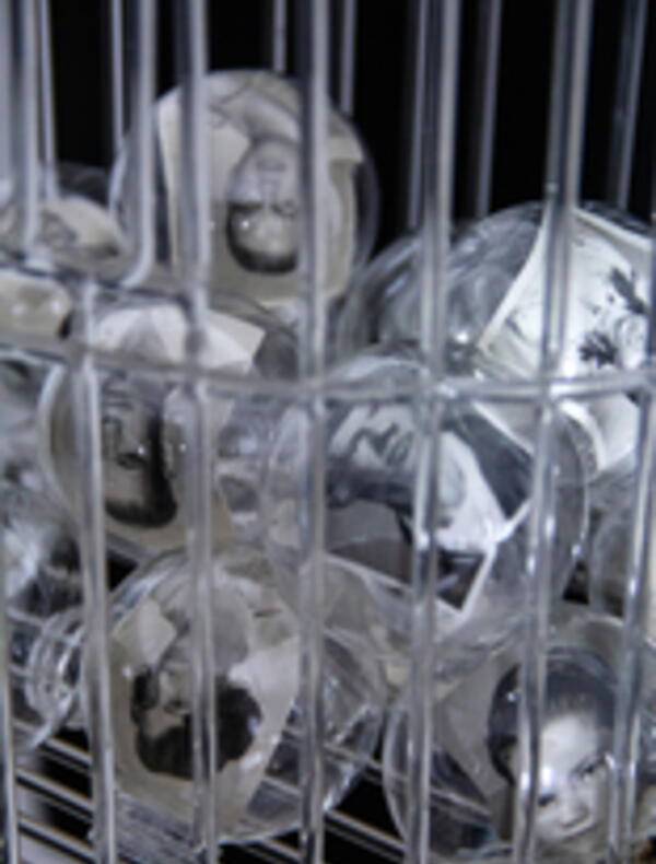 Gardes en cage, 2025, borosilicate glass, archive photos, plastic, 200 x 30 x 30 cm.