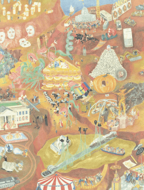 Oeuvre colorée et surréaliste représentant une scène chaotique remplie d’objets géants, de foules, de monuments, d’animaux et de symboles variés.