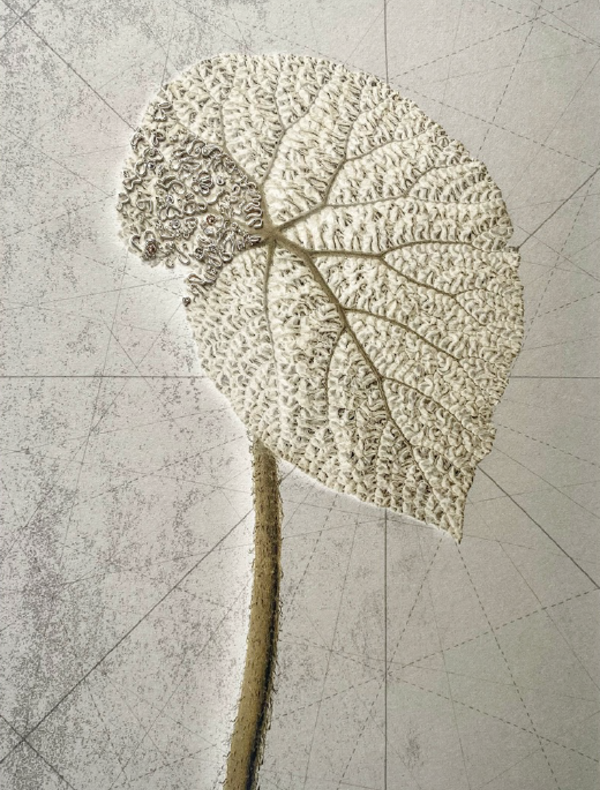 Sophie Zénon, Gehrtii, 2025. Broderie : Sylvie DESCHAMPS. Photographie 20 x 28 cm sur papier japon Shin Inbe 110 gr. Détail d’une carte marine du XVIIe siècle. Broderie : cannetille argent brillant et frisé, paillettes or brodées avec un cristal de Bohème, cristal de Bohème et point de nœud en canaille.