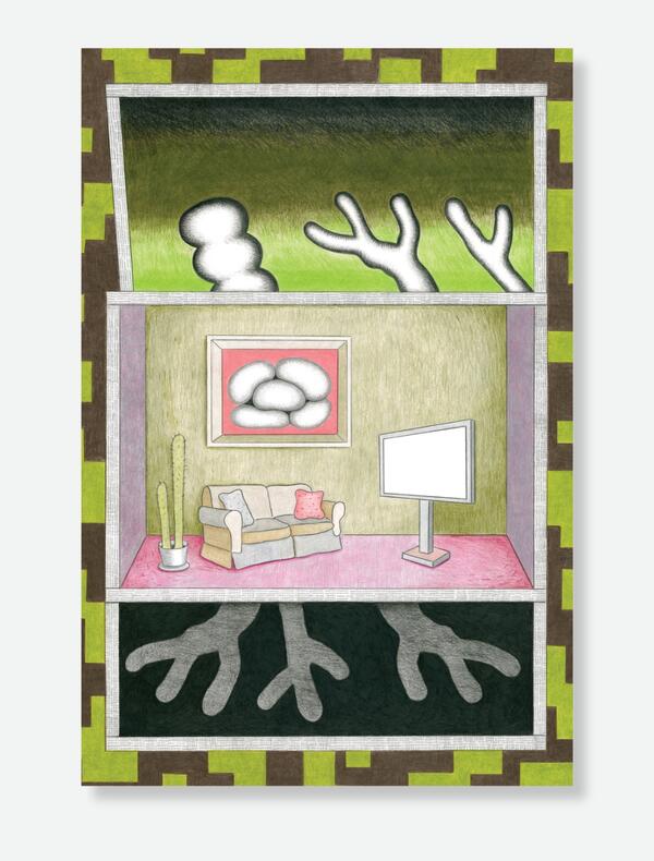 Intérieur (branches et racines), 2024 crayon de couleur sur papier, 59 x 42 cm