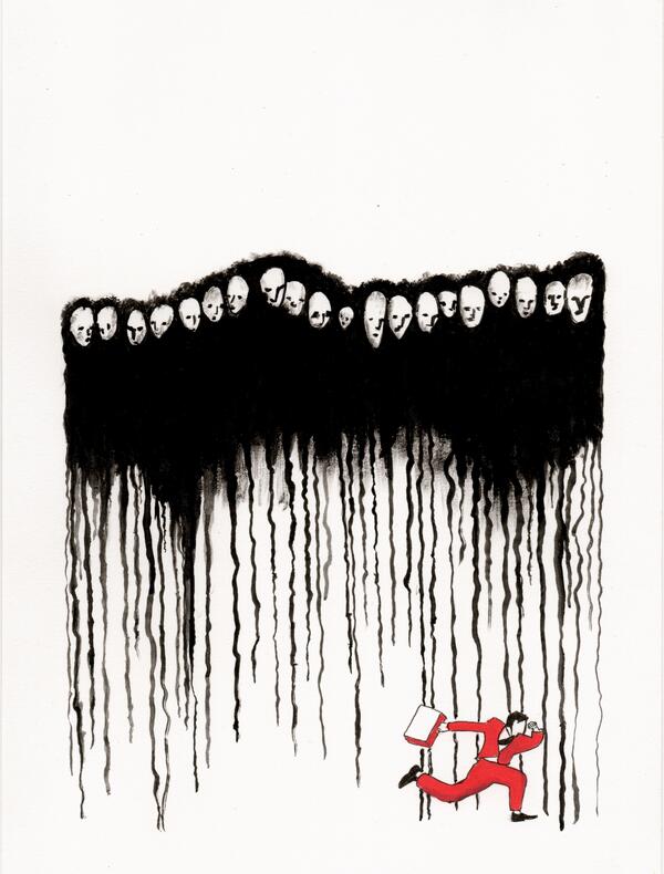 Le stagiaire en rouge cours vers la droite avec sa malette, pendant qu'une foule des morts le regardent passer