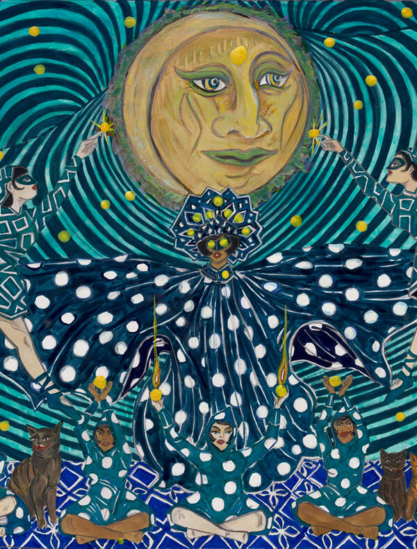 Scène imaginaire et colorée avec des personnages habillés en bleu, disposés autour d’un grand visage de lune. Certains dansent avec les bras levés, d’autres sont assis au sol. Plusieurs tiennent de petites balles jaunes dans leurs mains. Des chats sont assis près d’eux. Le fond est composé de lignes vertes et bleues en spirale, avec des points jaunes lumineux.