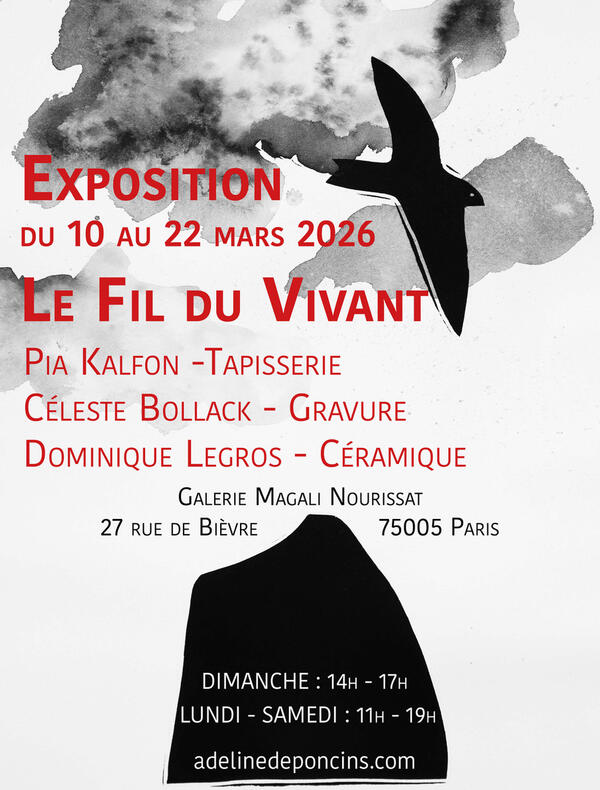 La galerie Magali Nourissat a le plaisir de présenter l’exposition Le Fil du Vivant, une exploration sensible du geste et de la matière à travers les œuvres de trois artistes contemporains : Dominique Legros, Celeste Bollack et Pia Kalfon. Du 10 au 22 mars 2026, cette exposition invite le public à découvrir trois pratiques artistiques souvent laissées de côté au profit de la peinture et de la sculpture.