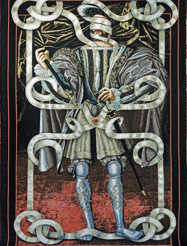 Tapisserie représentant François 1er entravé dans des bandelettes blanches