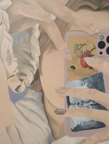 Visuel de l'exposition Studiolove de Romane de Watteville. Une peinture montre en très gros plan une personne prenant un selfie avec son téléphone.