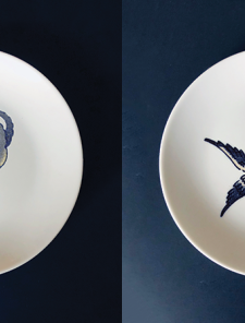 Blue Willow Bird 1 & 2, 2019, custom ceramic decal on a ceramic plate, 6â in diameter Blue Willow Bird 1 & 2, 2019, custom ceramic decal on a ceramic plate, 6â in diameter