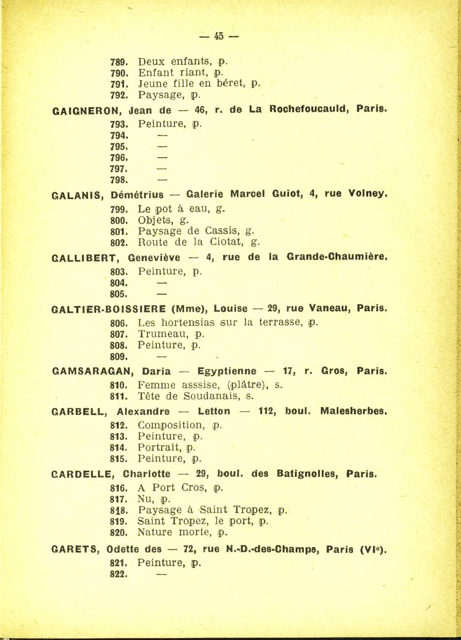 Catalogue Salon des Tuileries 1926 à la lettre G (Gamsaragan)