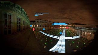 Vue des colonnes de Buren de nuit depuis le bureau du Ministre de la Culture