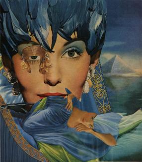 A collage of a woman's face with feathers and a pyramid in the background.