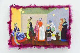 Nina Tomàs, Le Bal des Folles, 2023, huile, crayons de couleur, graphite, feuille d’or et plumes sur bois