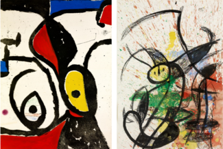 Joan Miró, La pierre philosophale, 1975, Collection Fondation Maeght, Photo Claude Germain © Successió Miró - ADAGP, Paris, 2024 (1) / Joan Miró, Personnage, Oiseaux, 1977, Huile, mine de plomb, gouache, Collection Fondation Maeght, Photo Claude Germain © Successió Miró - ADAGP, Paris, 2024 (2)