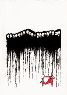 Le stagiaire en rouge cours vers la droite avec sa malette, pendant qu'une foule des morts le regardent passer