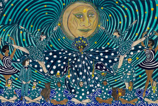 Scène imaginaire et colorée avec des personnages habillés en bleu, disposés autour d’un grand visage de lune. Certains dansent avec les bras levés, d’autres sont assis au sol. Plusieurs tiennent de petites balles jaunes dans leurs mains. Des chats sont assis près d’eux. Le fond est composé de lignes vertes et bleues en spirale, avec des points jaunes lumineux.