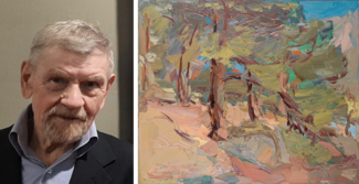 Nikolaï Vassiliévitch Kouzmine (1938-2025) et son tableau “Un grand pin dans la forêt de Barbizon. Huile sur toile, H 50 x L 60 cm. 2001”.