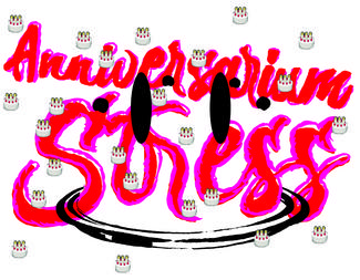 Nous pouvons voir sur cette image le titre de l'exposition " Anniversarium Stress" avec plein de gateau d'anniverssaire en tout petit en arrière plan. Il y également une sorte de smiley donc le bouche repésente de namiere shematique une assiete. 