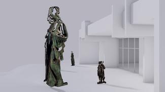 Vue des sculptures devant l'atelier du Bidonville.