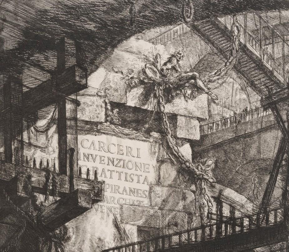 Giovanni Battista Piranesi, dit Piranèse, Page de titre de la série des Carceri d’invenzione (Prisons imaginaires), 1749-1761, eau-forte sur papier vergé, 549 x 417 mm. Musée Jenisch Vevey – Cabinet cantonal des estampes, Fondation William Cuendet & Atelier de Saint-Prex. Cliché Julien Gremaud, 2023