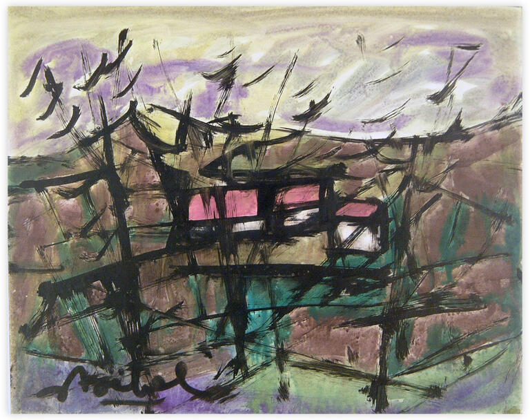 Catalogue raisonné, Edgar Stoëbel, landscape 3 houses — 