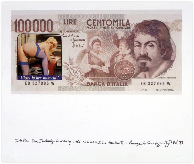 Jean-Jacques Lebel - Italian Sex Industry currency: the 100 000 Lire banknote in homage to Caravaggio - 1983