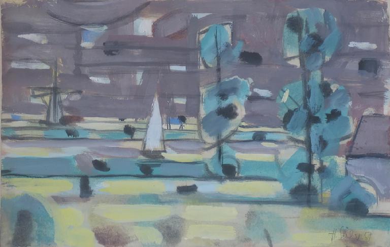 Catalogue raisonné, oeuvre de l'artiste Hans Seiler - Hollande (2 arbres et voile), 1957
