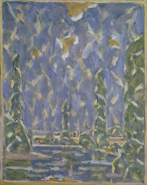 Catalogue raisonné, oeuvre de l'artiste Hans Seiler - La rivière bleue et les peupliers, circa 1980