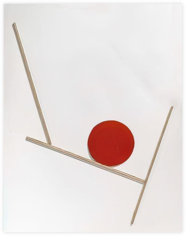Albert Chubac, Collage géométrique aux trois baguettes en bois naturel opposées à un cercle rouge, 65 x 50 cm.