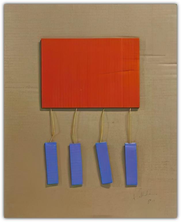 Catalogue raisonné, Albert Chubac, collage géométrique au rectangle rouge aux éléments bleus suspendus