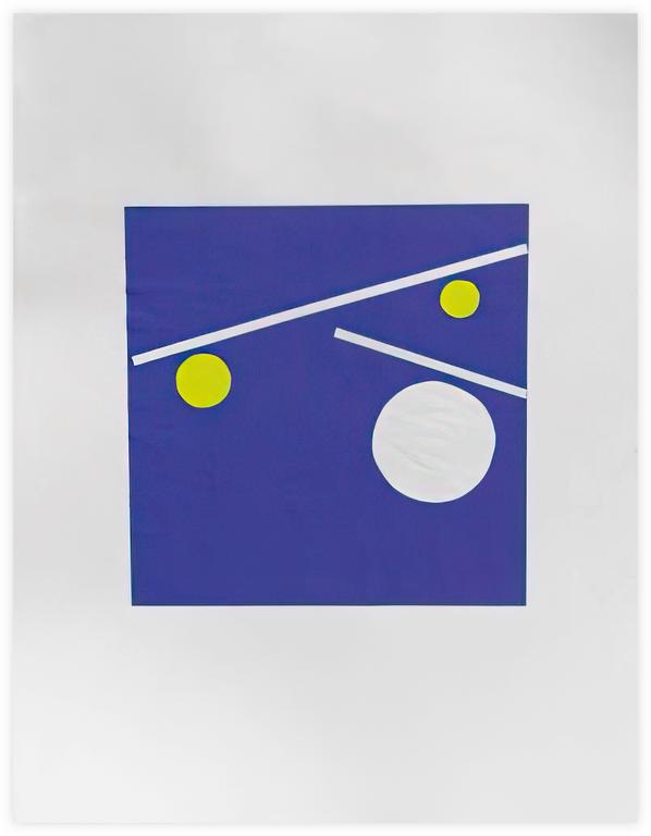 Albert Chubac, collage géométrique aux deux disques jaunes et un disque blanc en équilibre sur deux lignes blanches et fond bleu