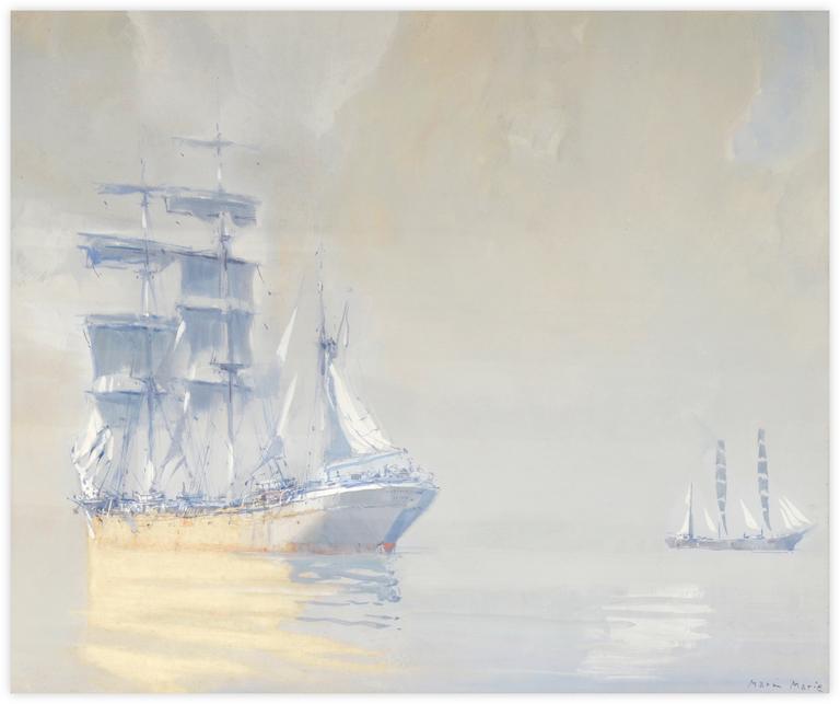 Marin Marie, Deux trois-mâts par grand calme, aquarelle gouachée
