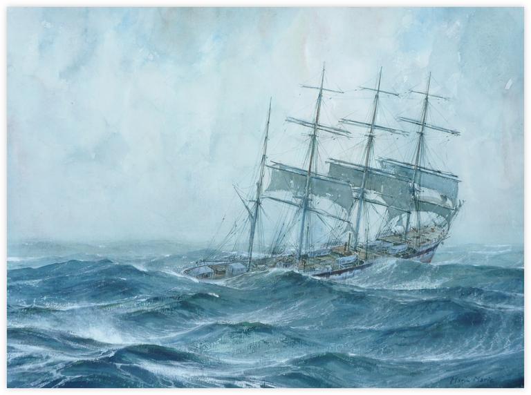 Marin Marie, Quatre mâts fuyant la tempête, aquarelle