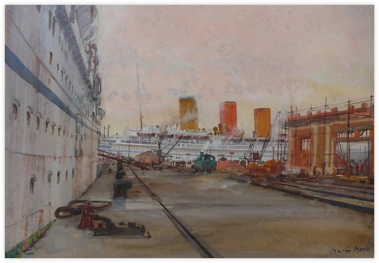 Marin Marie, Paquebots anglais dans le port de New York. Aquarelle gouachée