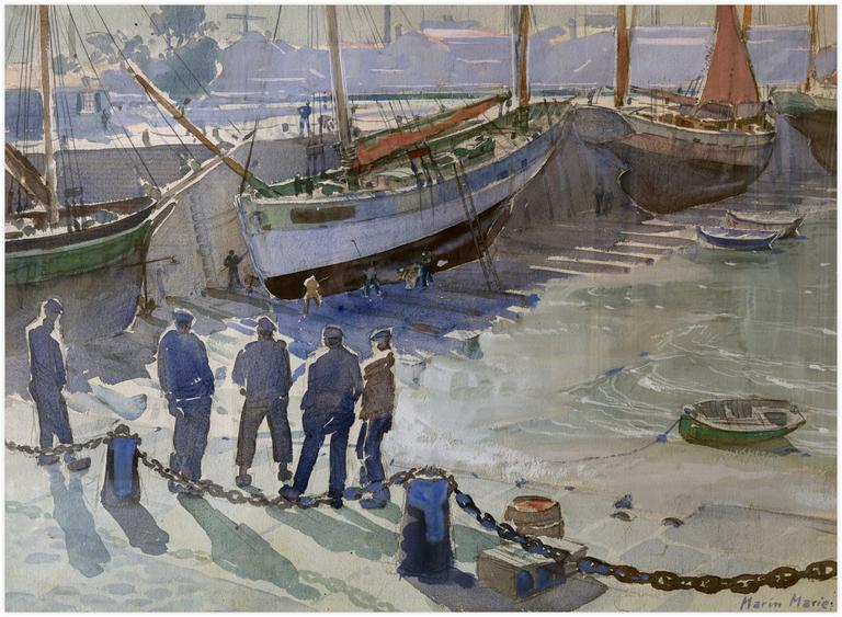 Thoniers échoués pour carénage dans un port de Bretagne sud