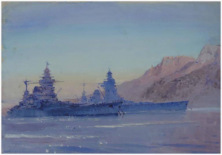 Catalogue raisonné, Marin Marie, aquarelle gouachée Le Strasbourg et le Dunkerque à Mers-el-Kébir le 2 avril 1940