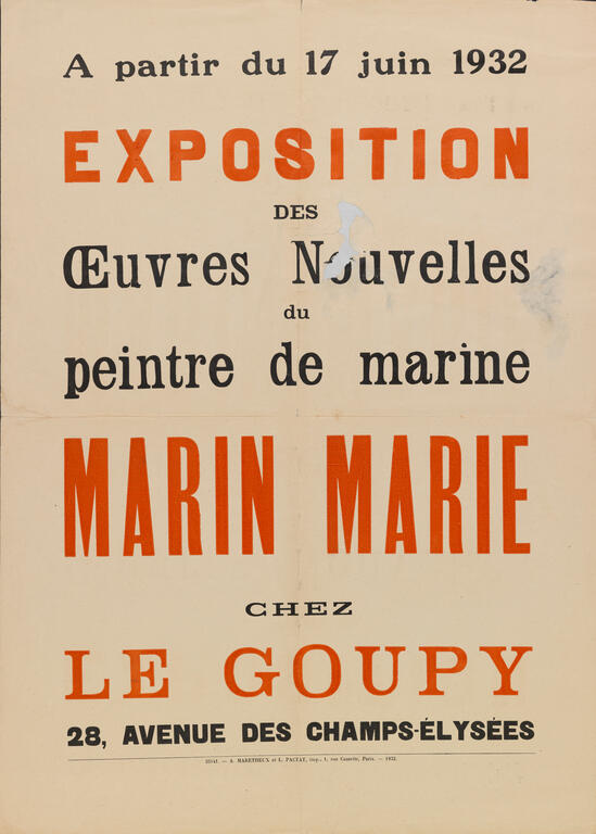 Affiche de l'exposition des Oeuvres Nouvelles du peintre de la marine Marin Marie chez Le Goupy en 1932