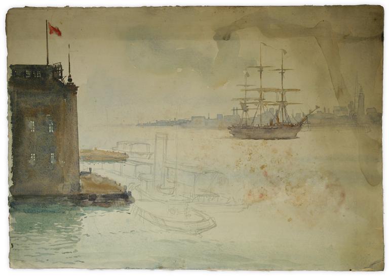 Marin Marie, Sans titre (aquarelle trois-mâts près d'une tour)