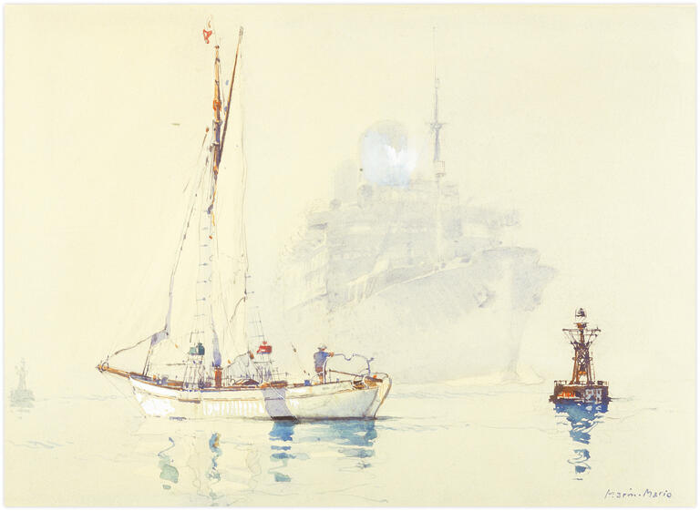 Catalogue raisonné, Marin Marie, Winibelle devant un paquebot (aquarelle)