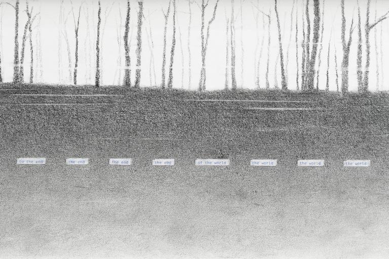 Lucile Bertrand, I’m in transit, 2019, Crayon graphite et papier imprimé sur papier Canson paper 200gr, 20 x 80 cm (détail)