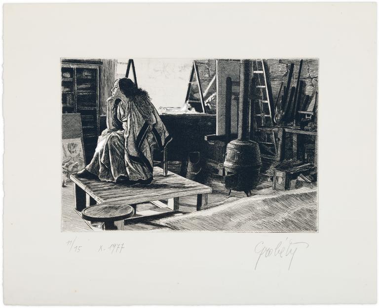 Catalogue raisonné, Claude Grobéty, Petit bateau (assis, stèle et cloche) - 1977