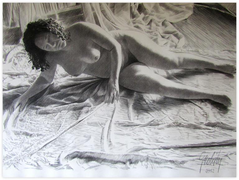 Catalogue raisonné, Claude Grobéty, Nu couché, accoudé sur draperies - 1982